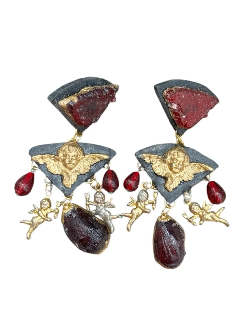 80s Couture Vintage Etruscan Gilt Cherub Red Glass Big Drop Mogul‎ Earrings